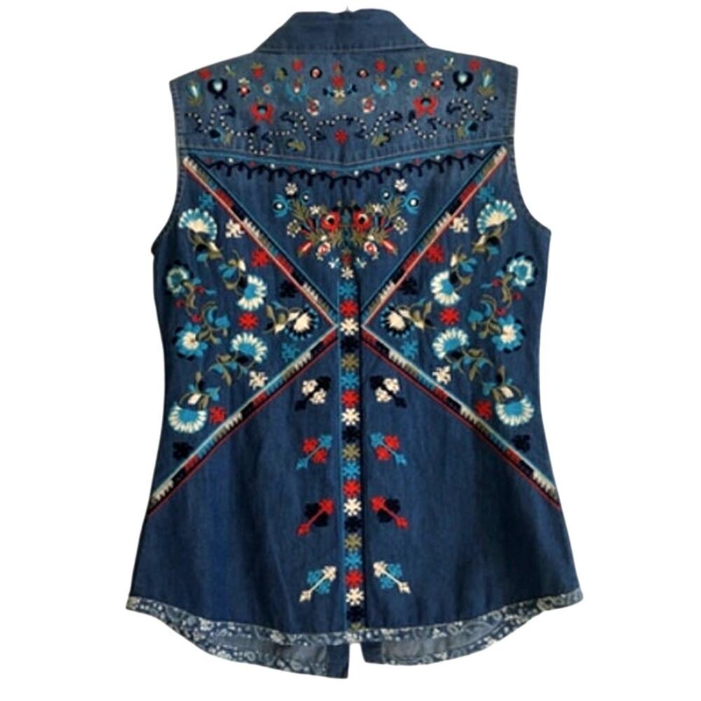 Tasha Polizzi Embroidered Denim Western Sleeveless Shirt M